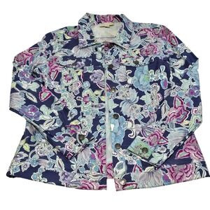 Appleseed's Floral Print Button Front Jacket Women's Small Navy Multicolor Rayon